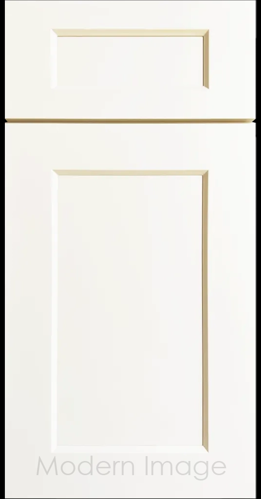 Laguna Vanilla matte painted Shaker kitchen cabinet door with wide stiles & rails, inside profile and a flat center panel.